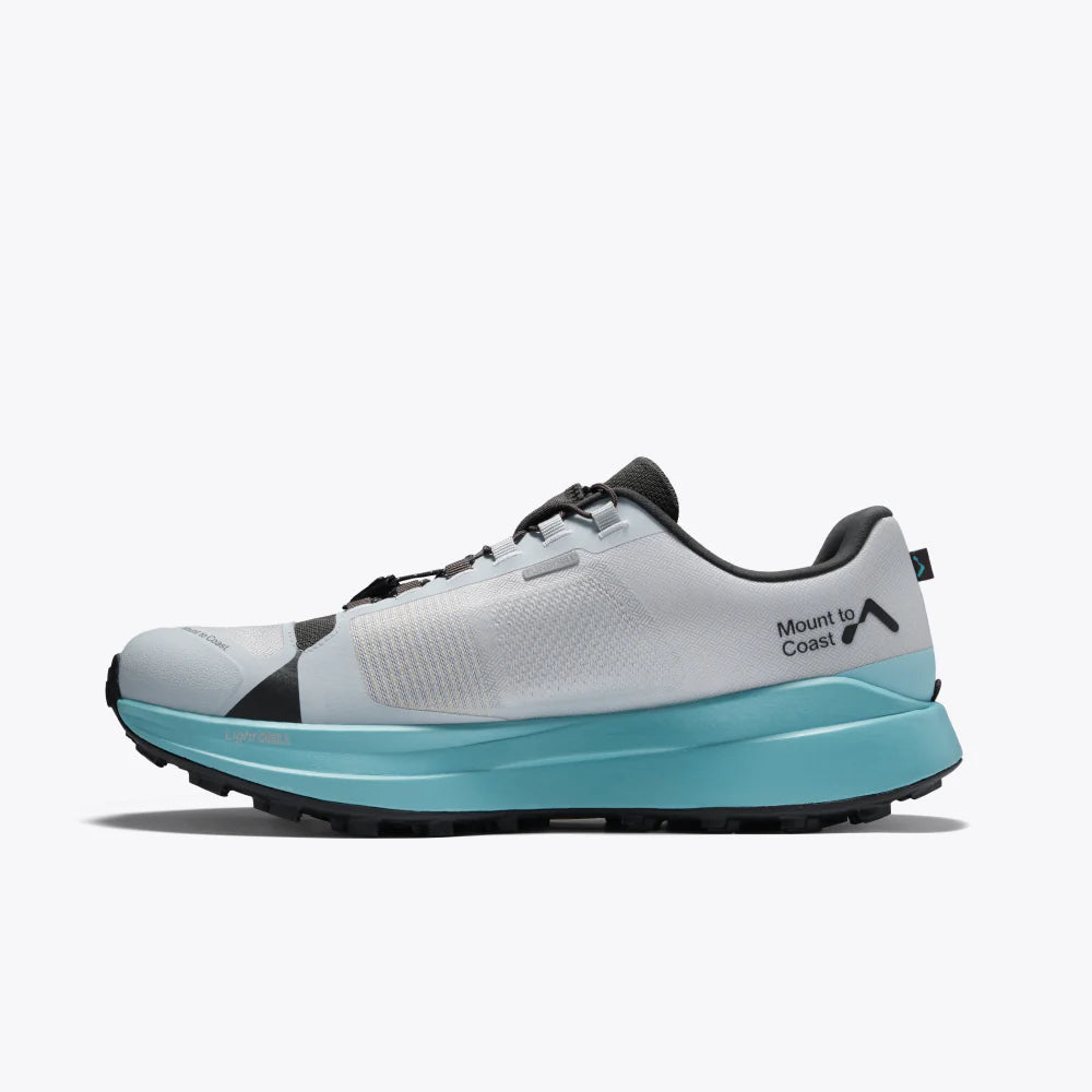 White and blue running shoe with black accents on a white background