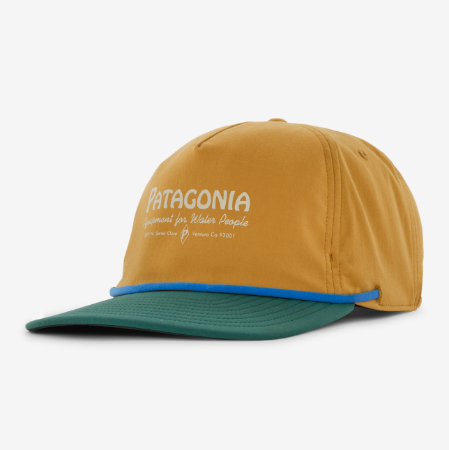 the patagonia merganzer hat in the color water people pufferfish gold, front view