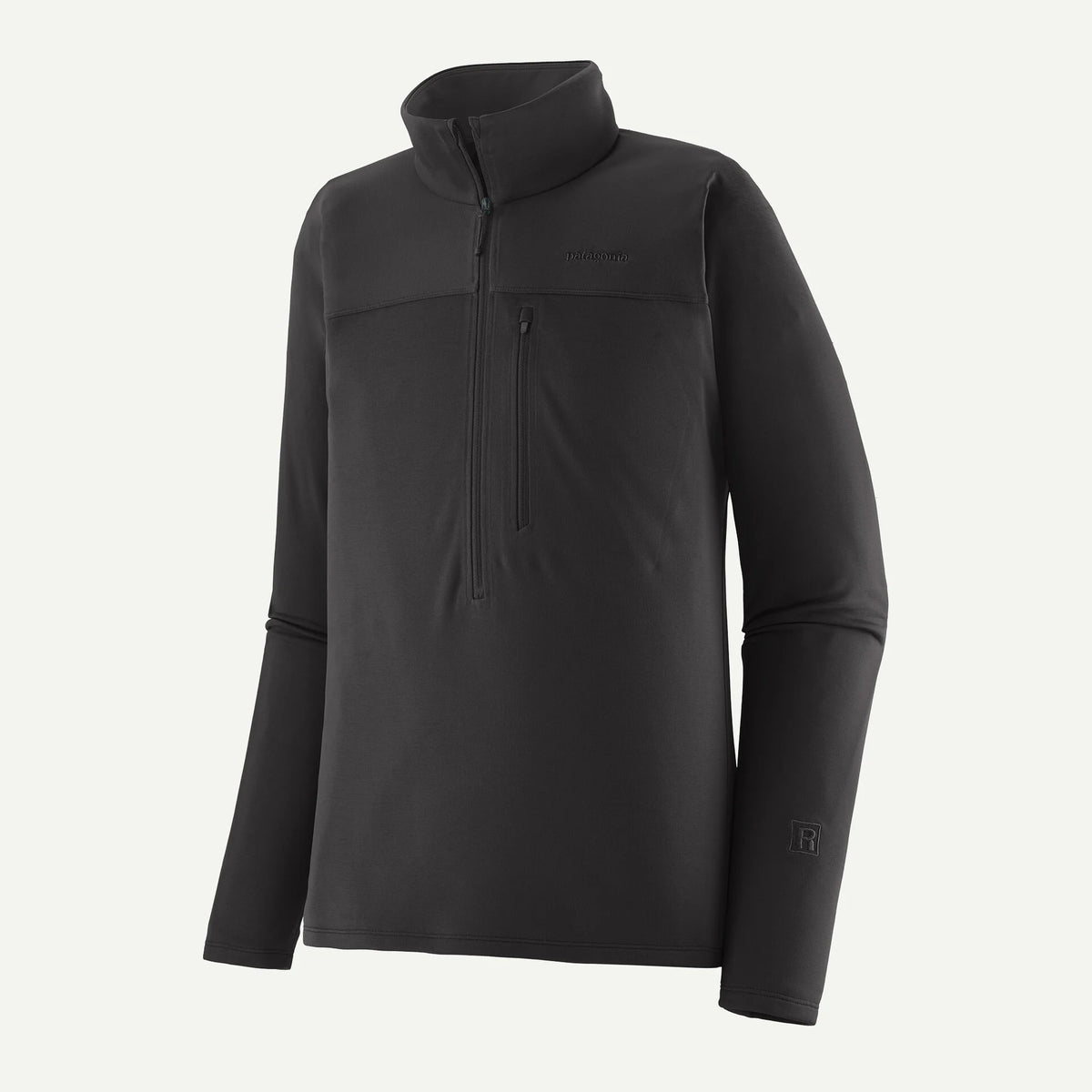 Black jacket with Patagonia logo on a white background