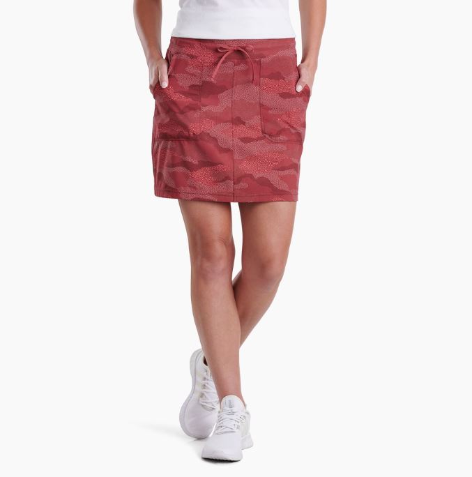 a model wearing the kuhl womens vantage skort in the color dahlia print, front view