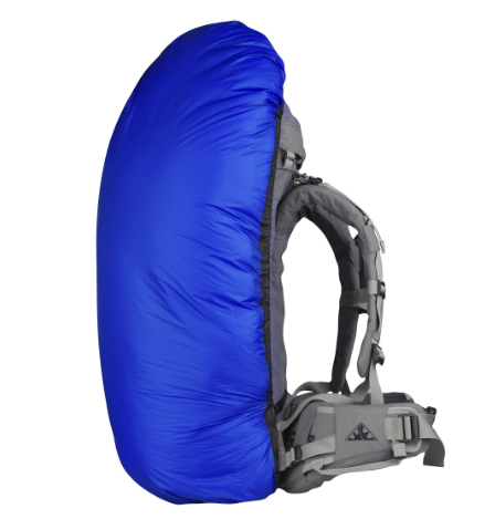 sea to summit ultra sil pack rain cover in royal blue color, shown on a pack