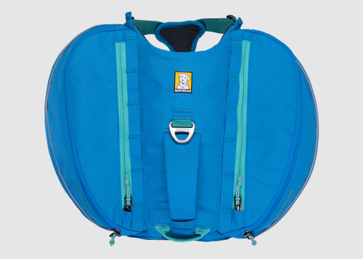 the ruffwear approach dog pack in blue, top view