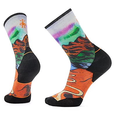 a pair of the smartwool trail run singletrack print crew socks in orange rust color