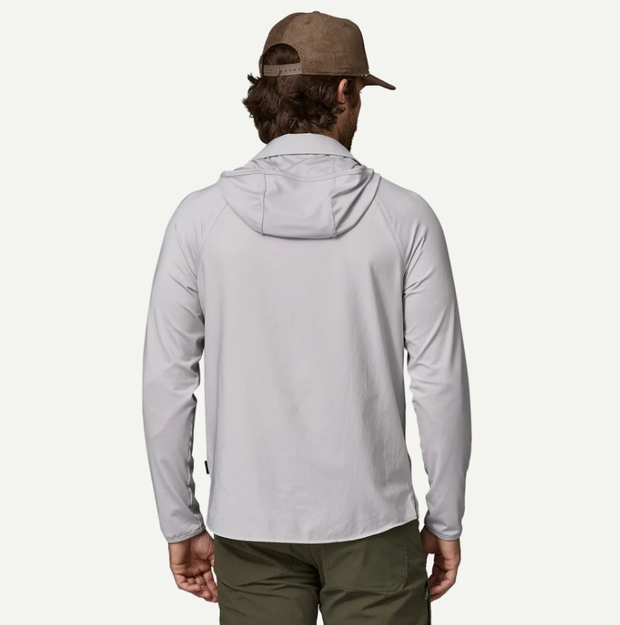 Patagonia Men's River Rambler Hybrid Sun Hoody in crisp grey, back view on model