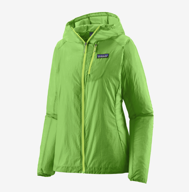 the patagonia womens houdini jacket in the color salamander green, front view