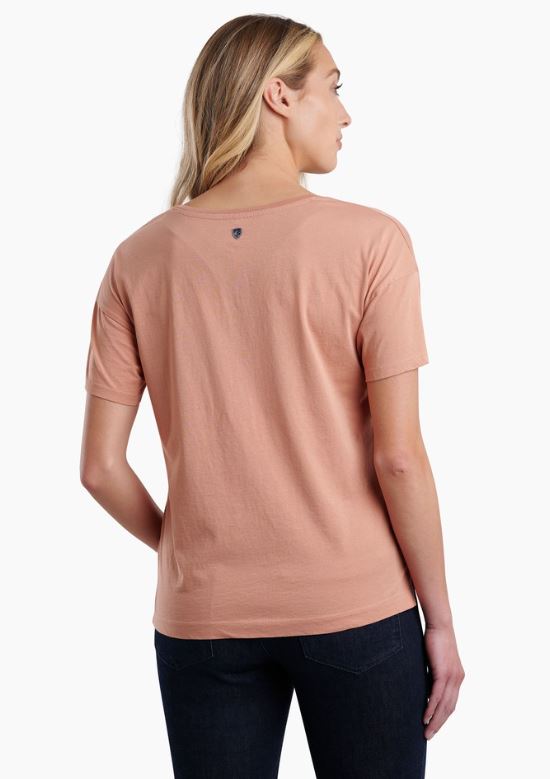 the kuhl women's mountain sketch tee in the color sand, back view on a model