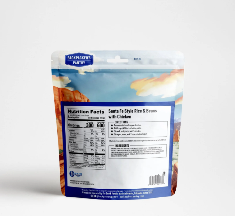 the backpackers pantry santa fe chicken meal in a bag back view