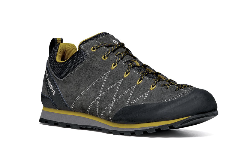 mens scarpa crux approach shoe in color shark mustard, three quarters view