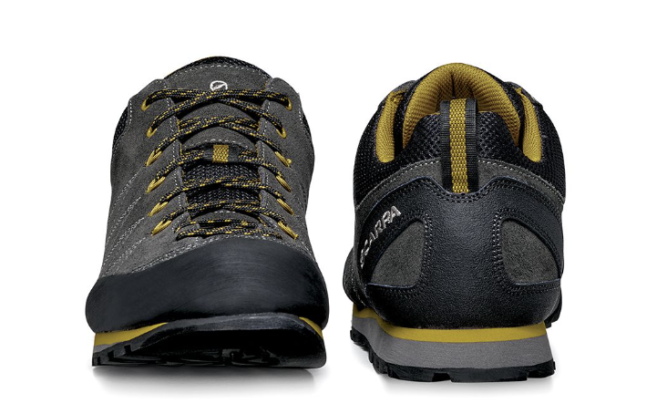 mens scarpa crux approach shoe in color shark mustard, toe and heel
