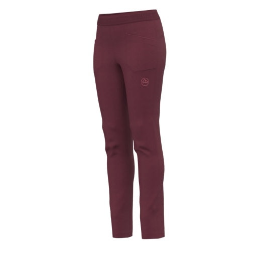 A pair of women's slim-fit leggings in a deep burgundy color, shown from the back on a plain white background. A small circular logo is visible on the upper left leg.