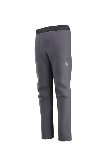 Dark gray technical pants with a black mesh waistband and a small white logo on the left thigh, shown against a plain white background.
