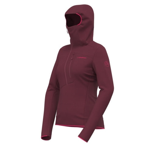 A women's hooded quarter-zip fleece jacket in a deep burgundy color, featuring bright pink inner lining accents along the hood edge, zipper line, cuffs, and hem. The brand name 'La Sportiva' is visible on the left chest, and a circular logo is on the right sleeve.