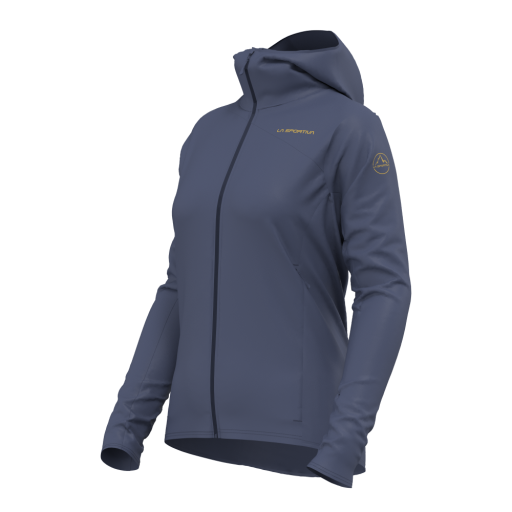 A women's full-zip hooded jacket in a muted slate blue-gray color, featuring a gold 'LA SPORTIVA' logo on the left chest and a circular logo patch on the right sleeve, shown against a plain white background.