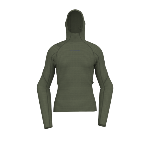 An olive green long-sleeve hooded compression shirt shown on a headless mannequin torso against a plain white background.
