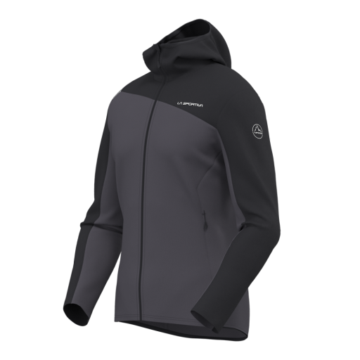 A dark gray and black colorblock athletic hoodie jacket with a full-zip front, shown on a solid white background.