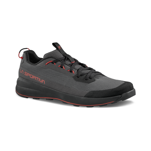 A dark gray and black La Sportiva trail running shoe with red accents, including the brand name on the side and red laces, shown against a plain white background.