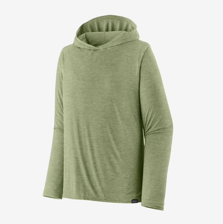 the mens patagonia capilene cool daily hoody in the color salvia green, front view