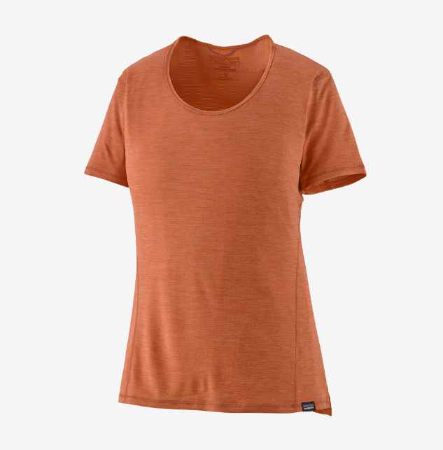 the patagonia womens short sleeve capilene lightweight shirt in the color sienna clay, front view