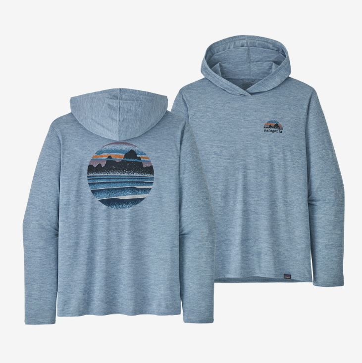A photo of the front and back of the mens capilene cool daily graphic hoody in the color skyline stencil: steam blue x dye