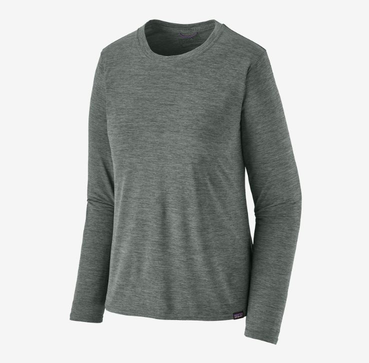 the patagonia womens long sleeve capilene cool daily shirt, front view in the color sleet green