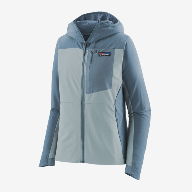 patagonia r1 cross strata womens hoody in the color steam blue, front view