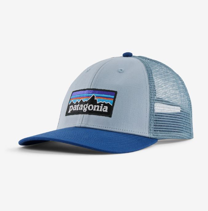 the patagonia p6 lo pro trucker, front view in the color steam blue
