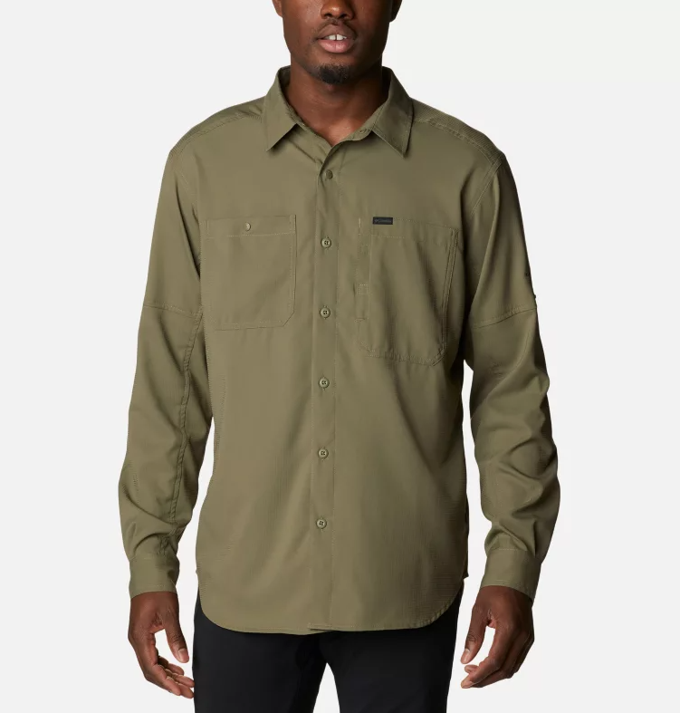 a model wearing the columbia mens silver ridge lite long sleeve shirt in the color stone green, front view