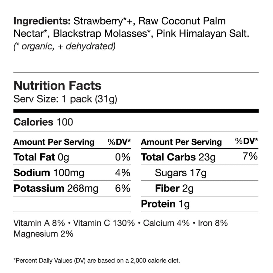 Nutrition facts label for a strawberry and coconut palm nectar drink, showing calories, total fat, sodium, potassium, sugars, fiber, and protein per serving on a white background.