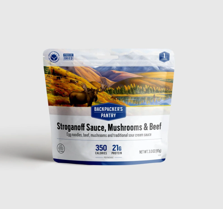a photo of the front of the backpackers pantry stroganoff sauce mushrooms and beef meal