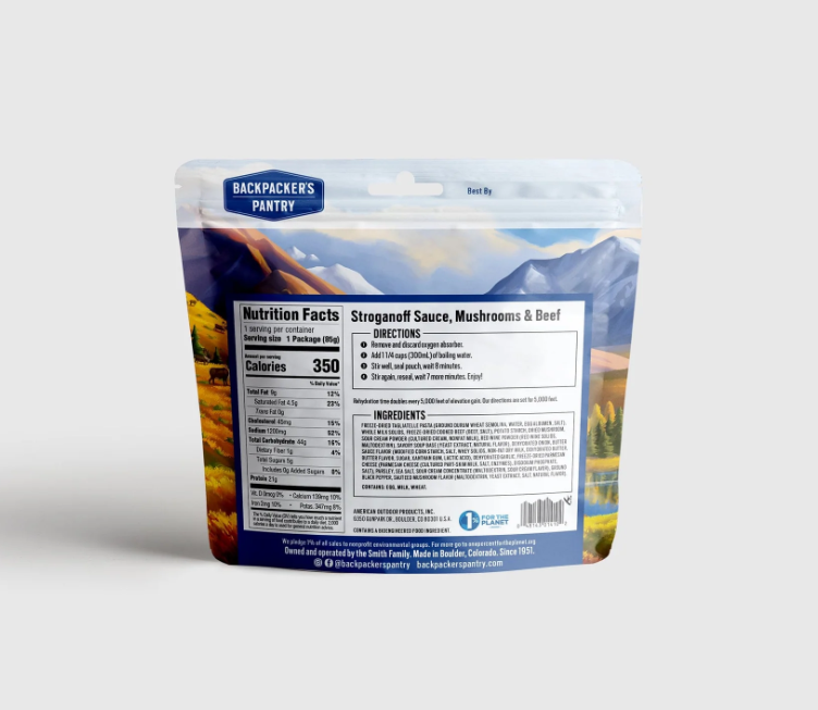 a photo of the back of the backpackers pantry stroganoff sauce mushrooms and beef meal