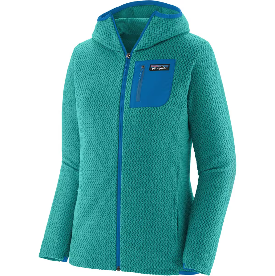 front view of the womens patagonia r1 air full zip hoody in the color subtidal blue