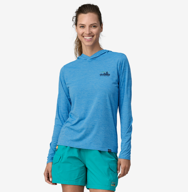 the womens patagonia capilene cool daily graphic hoody in the color vessel blue, front view on a model