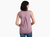 a model wearing the kuhl womens shay tank in the color thistle, back view
