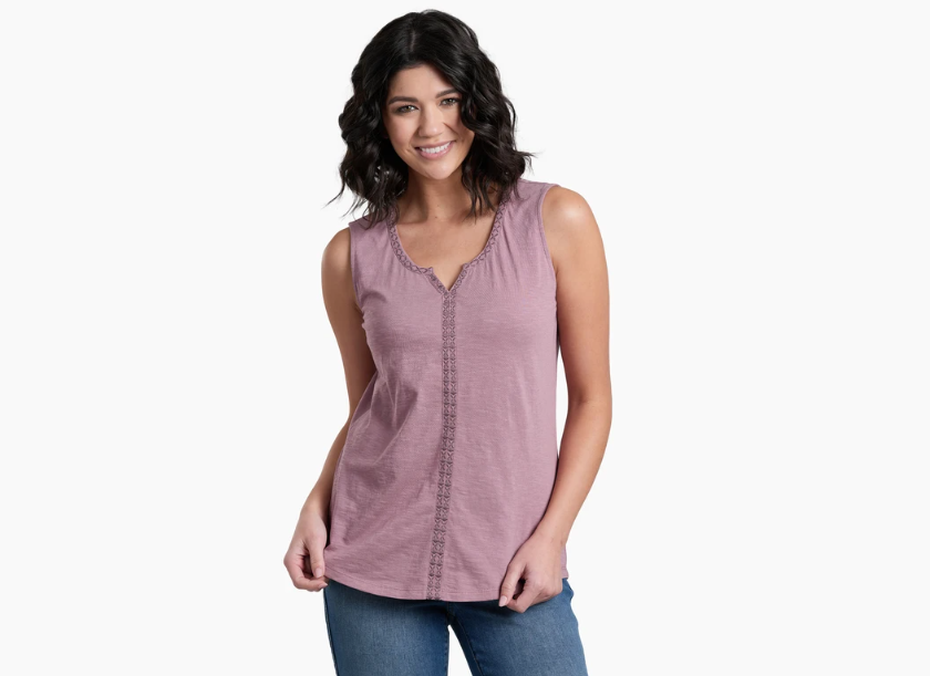 a model wearing the kuhl womens shay tank in the color thistle, front view