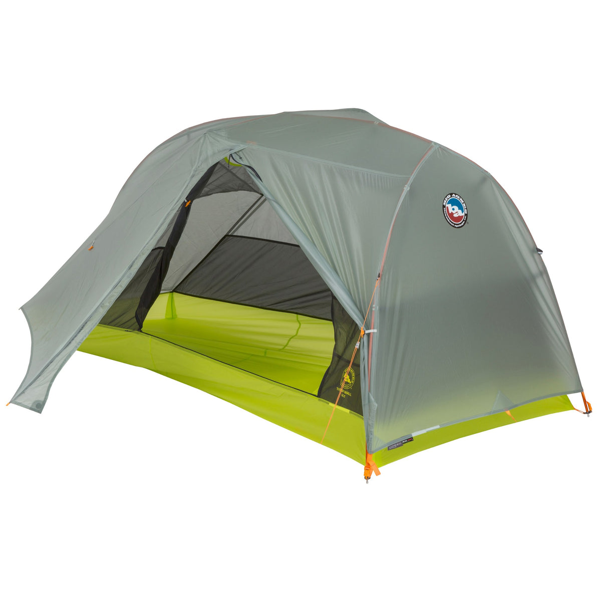 grey and yellow tent partially open