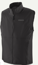 A black sleeveless zip-front vest with a stand collar, shown on a plain white background. A small white patagonia logo is visible on the left chest.