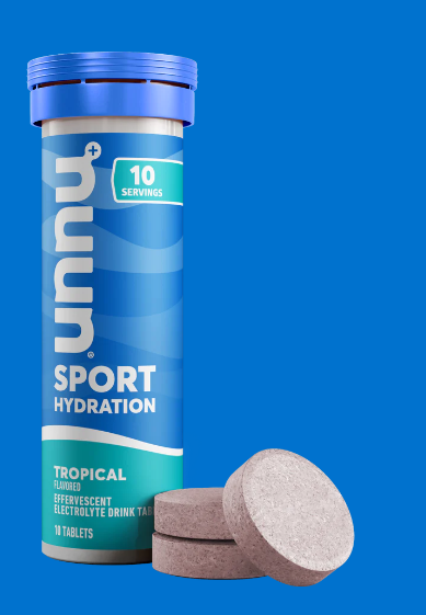 a bottle of nuun and some tablets in the flavor tropical