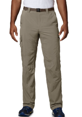The Columbia mens silver ridge cargo pant in the color tusk, front view on a model