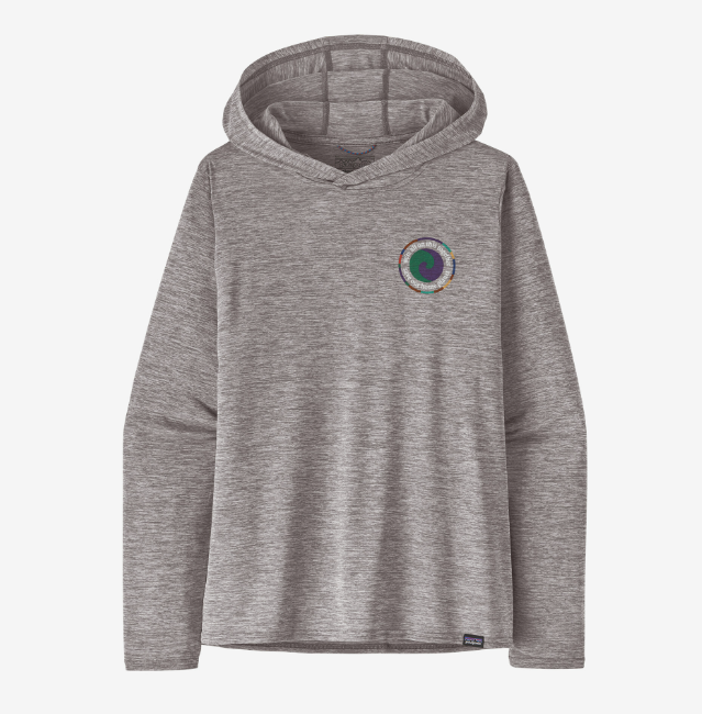 the womens patagonia capilene cool daily graphic hoody in the color feather grey unity fitz, front view