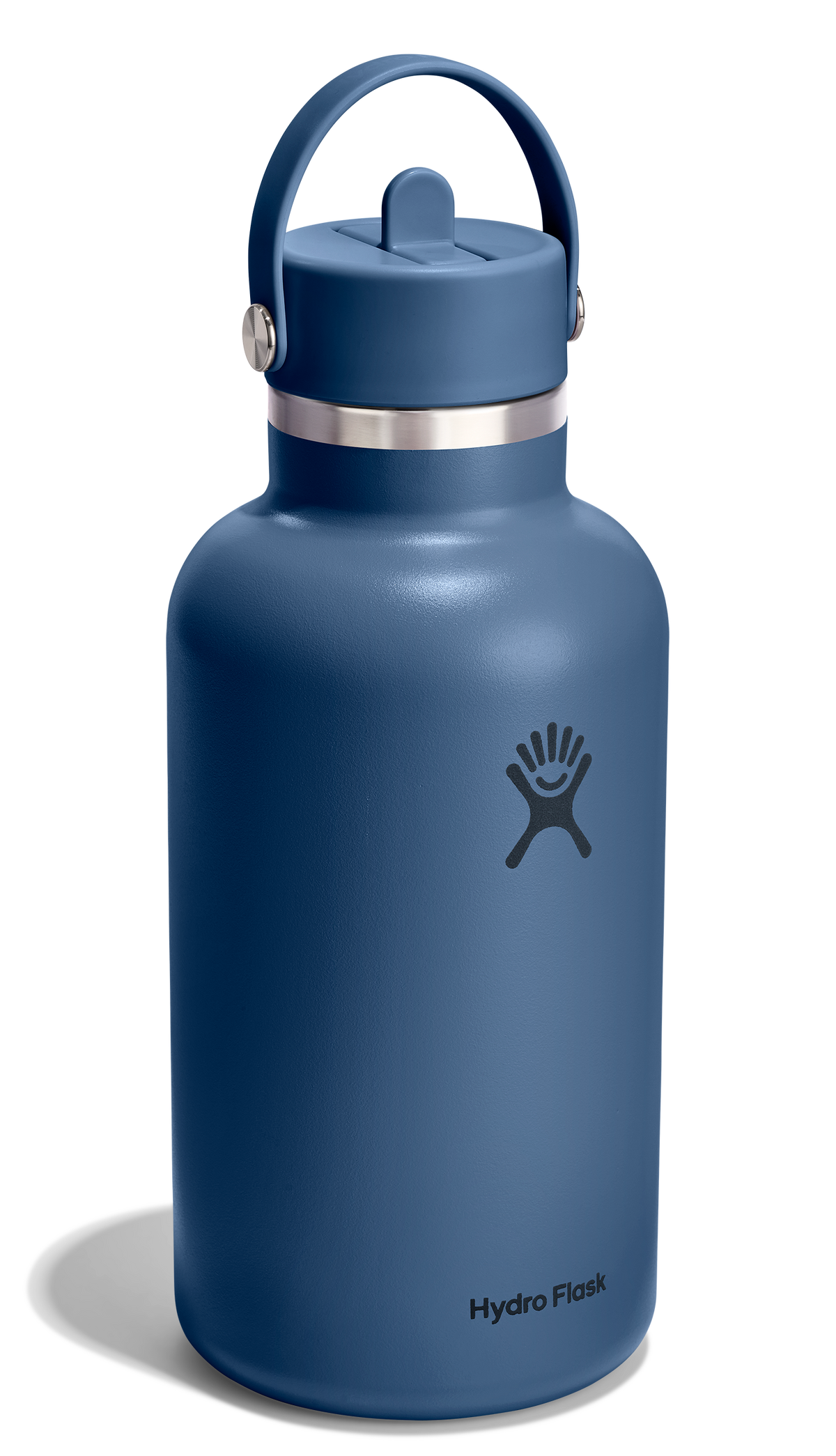 Blue water bottle with a flip cap on a white background
