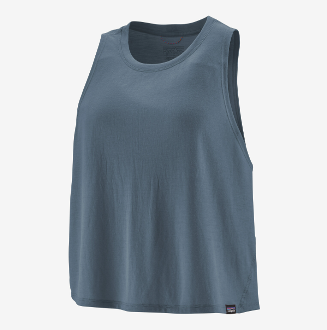 the patagonia womens capilene cool trail cropped tank top in the color utility blue, front view