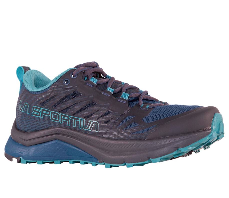 a photo of the la sportiva womens jackal 2 running shoe in the color carbon/lagoon, three quarters view