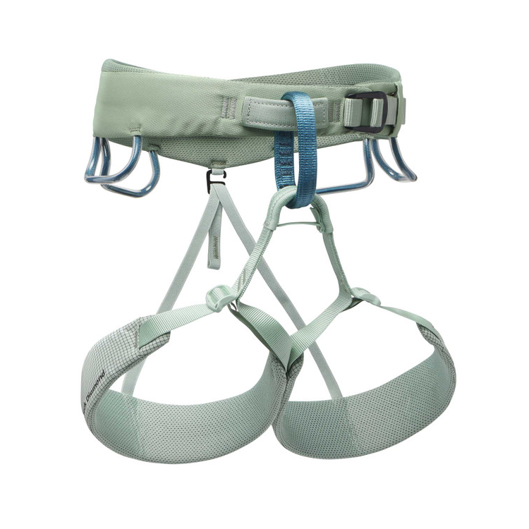 the black diamond womens momentum harness in the color sage, front view