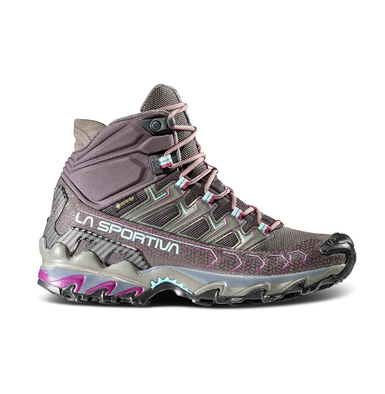 a photo of the la sportiva womens ultra raptor ii mid gtx hiking boot in the color carbon/iceberg, side view