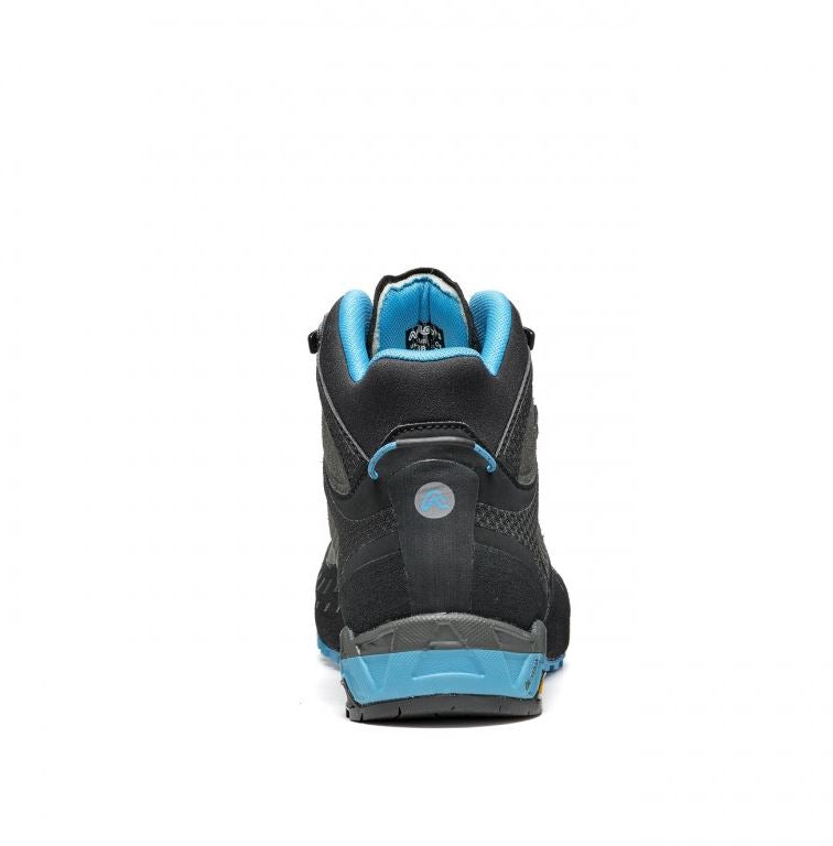a photo of the asolo womens eldo mid leather gore tex boot in the color graphite blue moon, back view