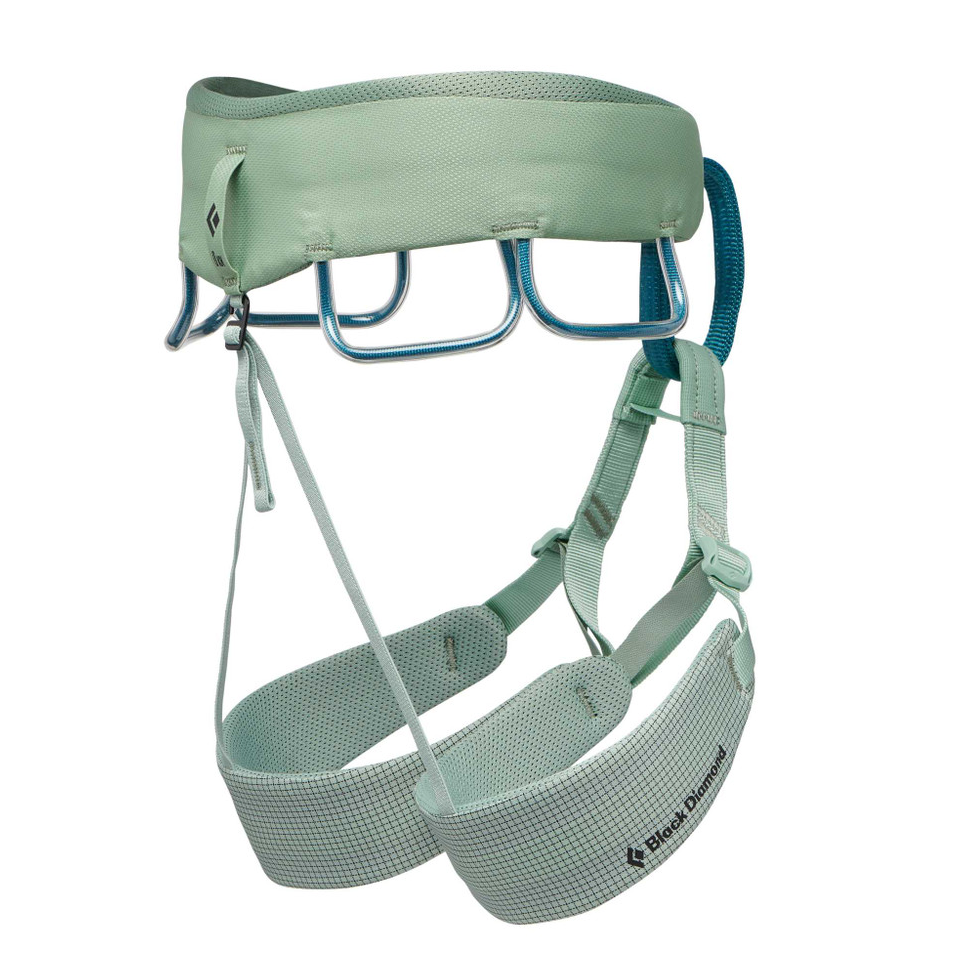 the black diamond womens momentum harness in the color sage, side and back view