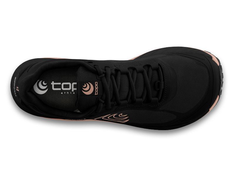 a photo of the topo mountain racer 3 running shoe in the color black/mauve, top view
