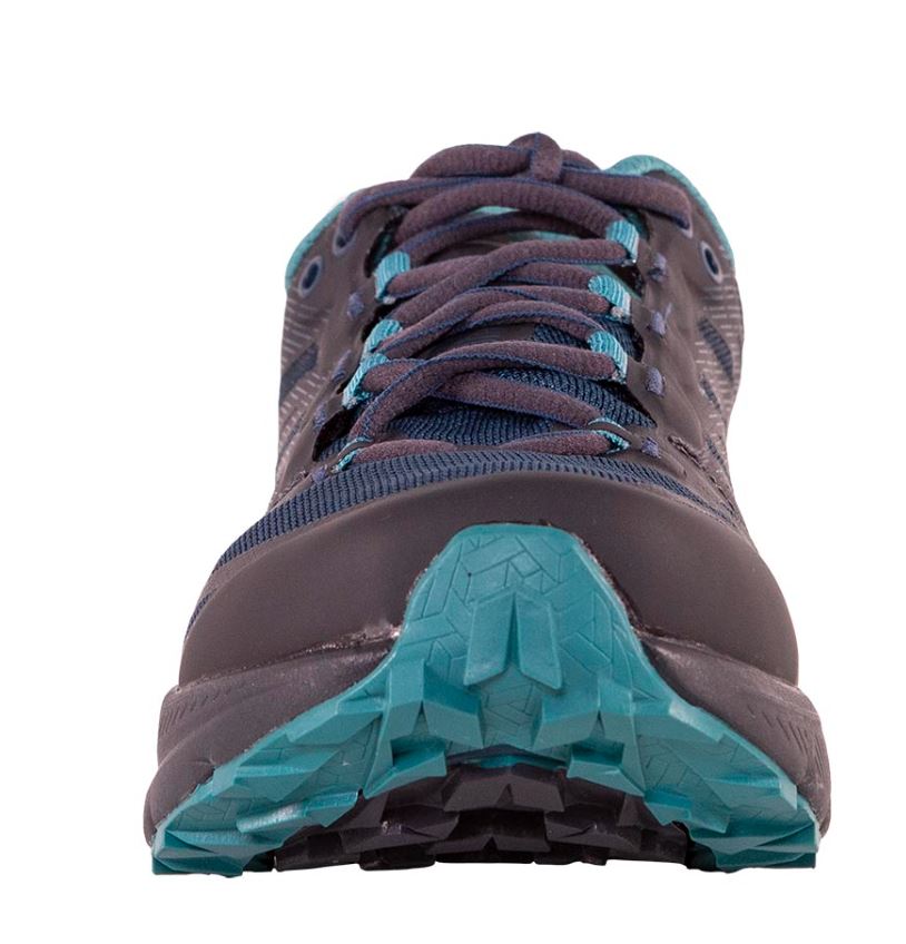 a photo of the la sportiva womens jackal 2 running shoe in the color carbon/lagoon, view of the toe