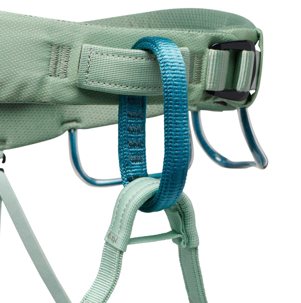 the black diamond womens momentum harness in the color sage, detail view of the gear loop