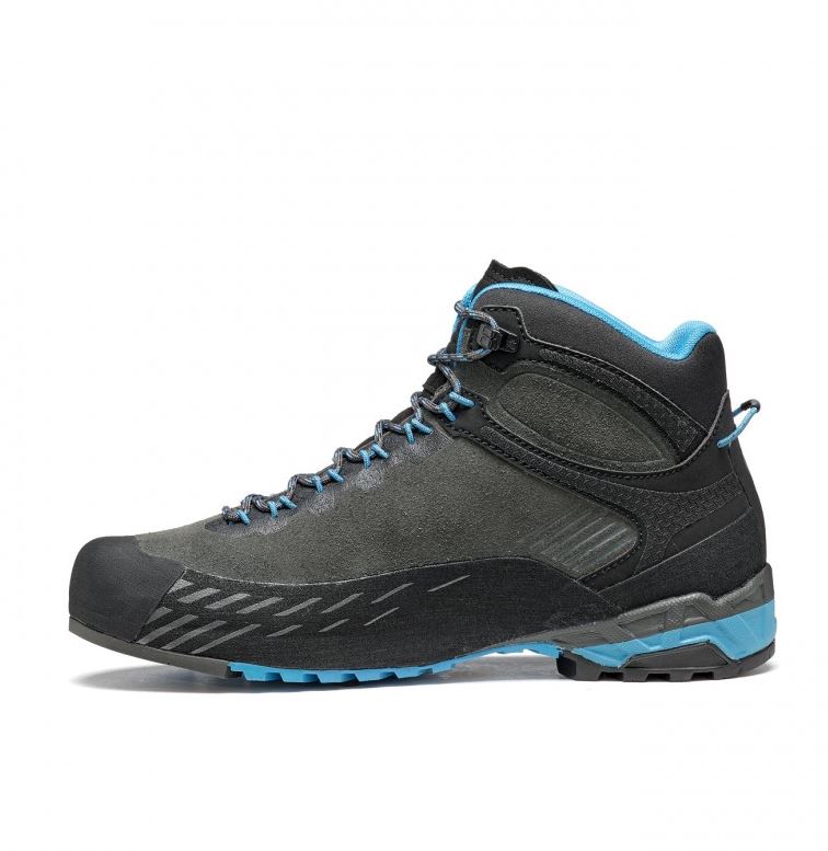 a photo of the asolo womens eldo mid leather gore tex boot in the color graphite blue moon, side view